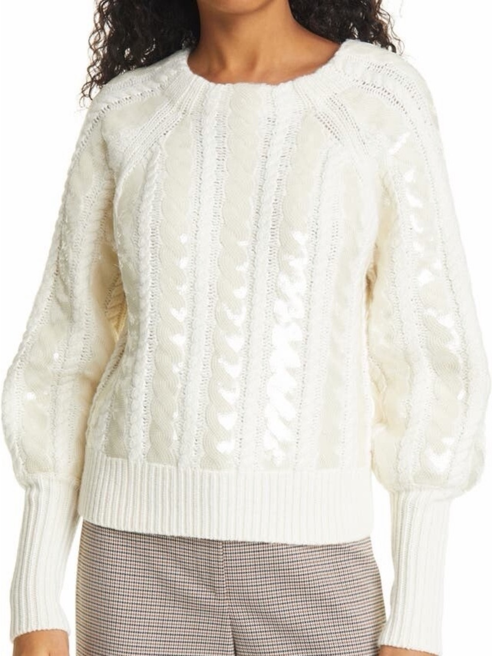 Veronica Beard Cream Cable-Knit Balloon Sleeve Sweater